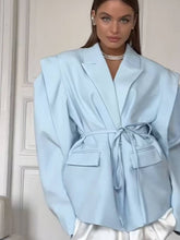 Aurohaya Women's Off-Shoulder Belted Blazer Long Sleeve Chic Office & Cocktail Jacket